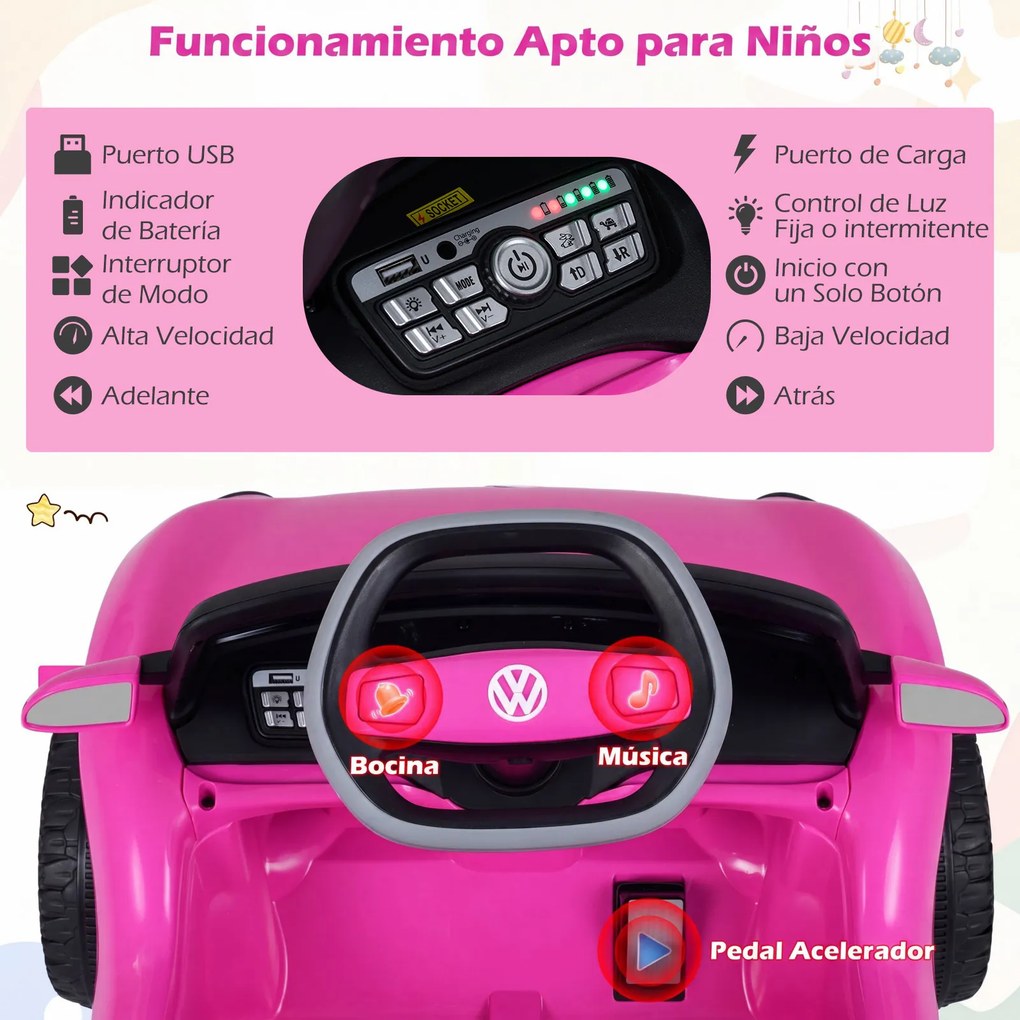 Carrinho Elétrico para Crianças 1 a 5 anos, 107,5 x 56 x 47,5 cm, com Controlo Remoto, Rosa