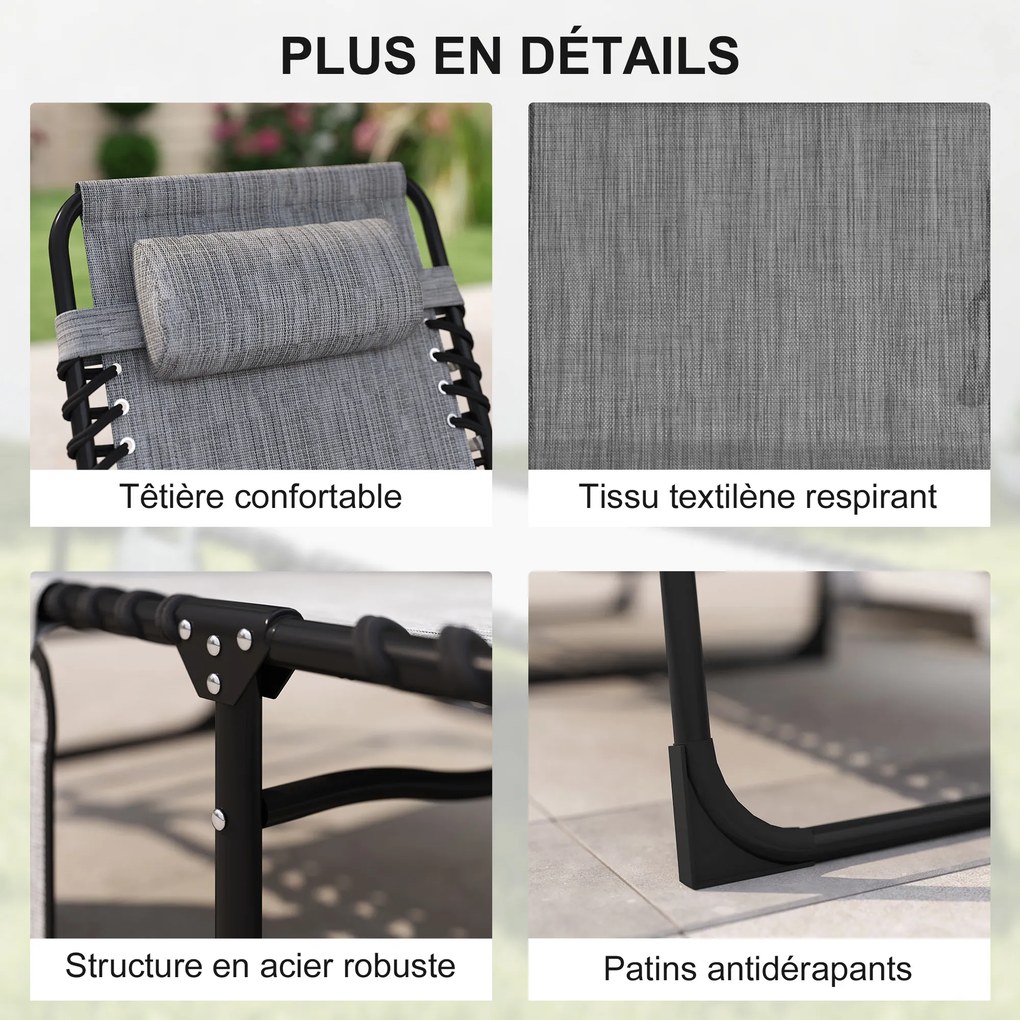 Espreguiçadeira dobrável com encosto reclinável em 5 posições e apoio para a cabeça removível, 189 x 58 x 30 cm, cinzenta