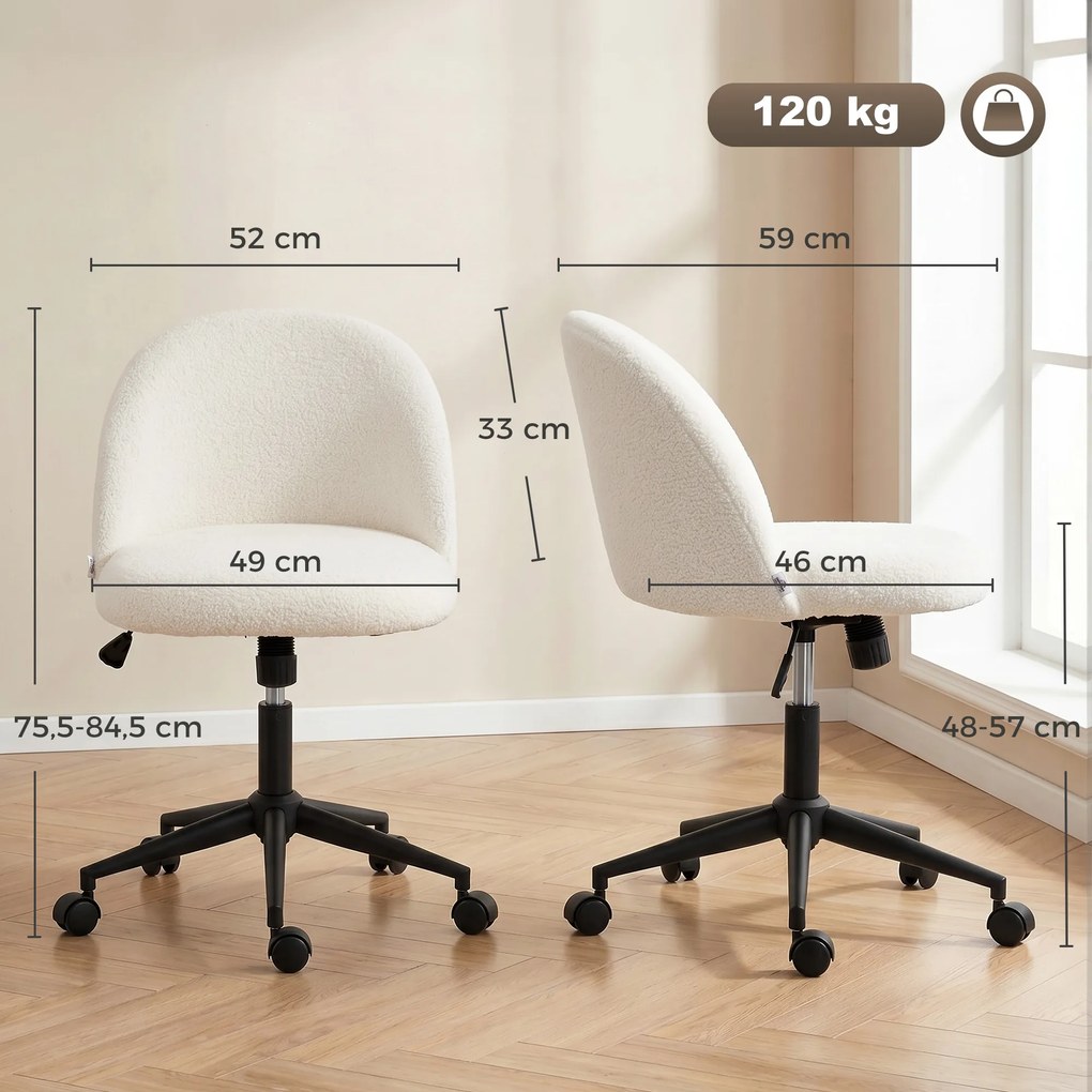 Cadeira de Escritório Ergonómica, 59 x 52 x 84,5 cm, Altura Regulável, Creme
