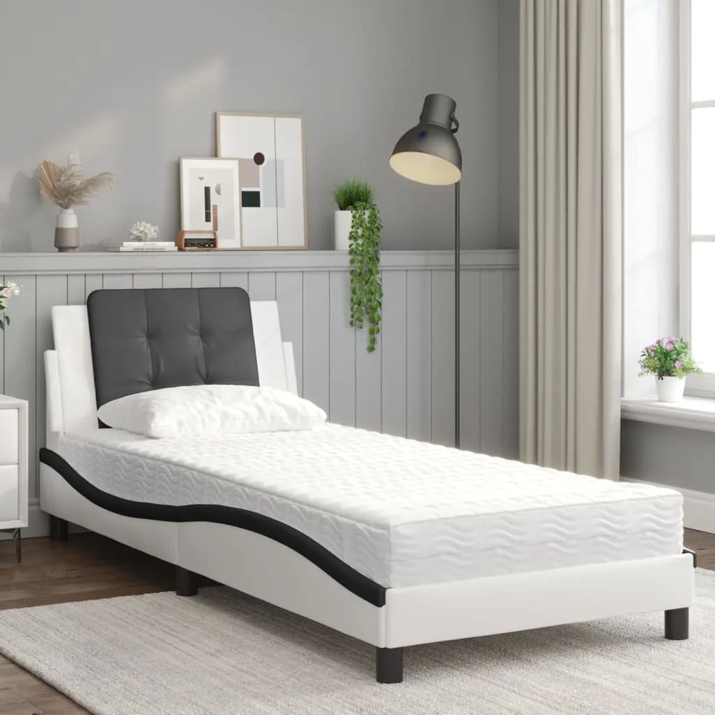 Cama com colchão 80x200 cm couro artificial branco e preto