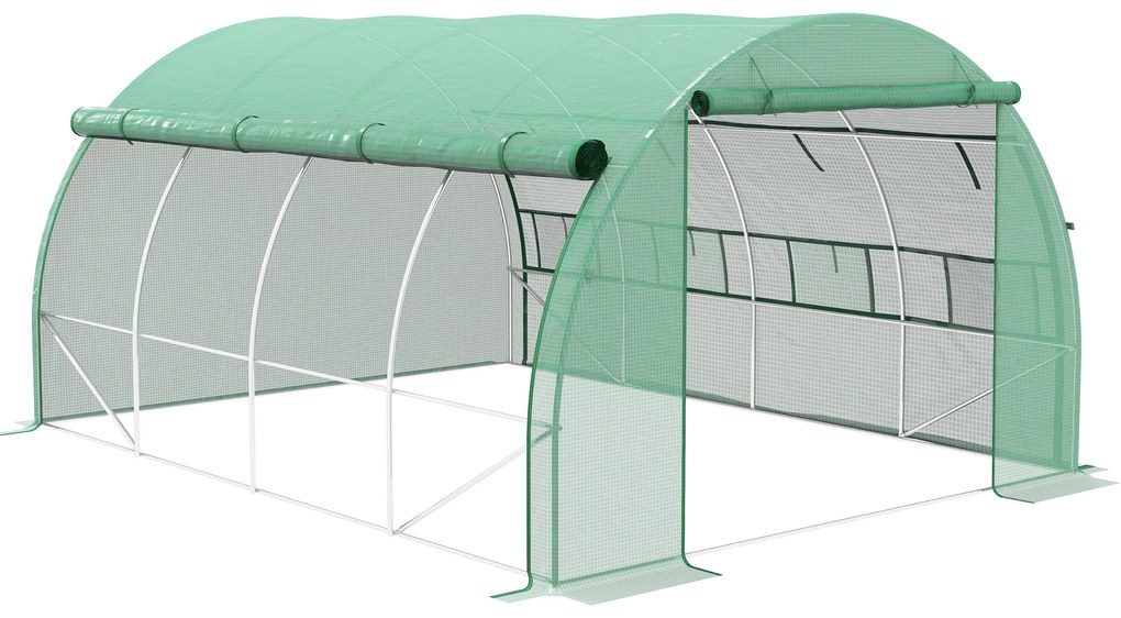 Outsunny Estufa de Túnel de Jardim 397x300x200 cm com Porta Lateriais e Janelas Enroláveis Cobertura de PE 140g/m² e Metal Galvanizado Verde