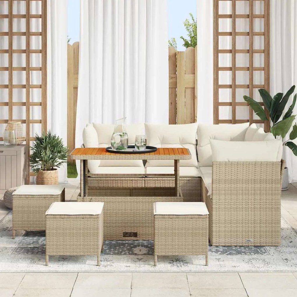 Sofá de Jardim com 9 Peças e Almofadas Bege em Rattan Sintético e Acác