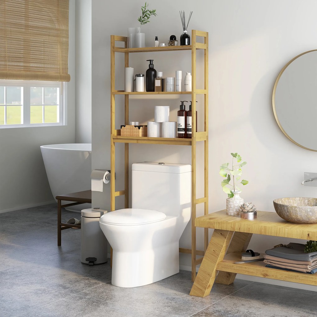 Estante sobre Sanita de Bambu com 3 Prateleiras Pés com Almofadas Antiderrapantes e Anti-Tombo 68x20x135 cm Madeira