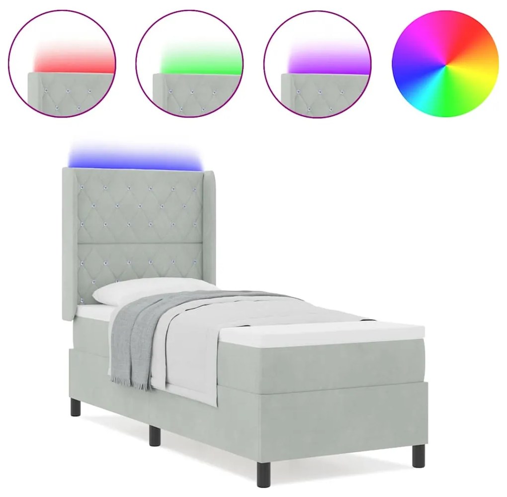 Cama Box vidaXL com Colchão &amp; Luz LED Cinza Claro 80x200 cm Veludo