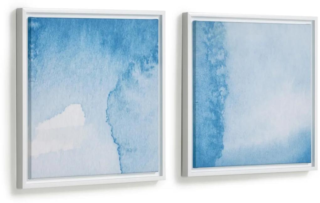Kave Home - Set Maeva de 2 quadros de madeira branco água azul e branco 40 x 40 cm