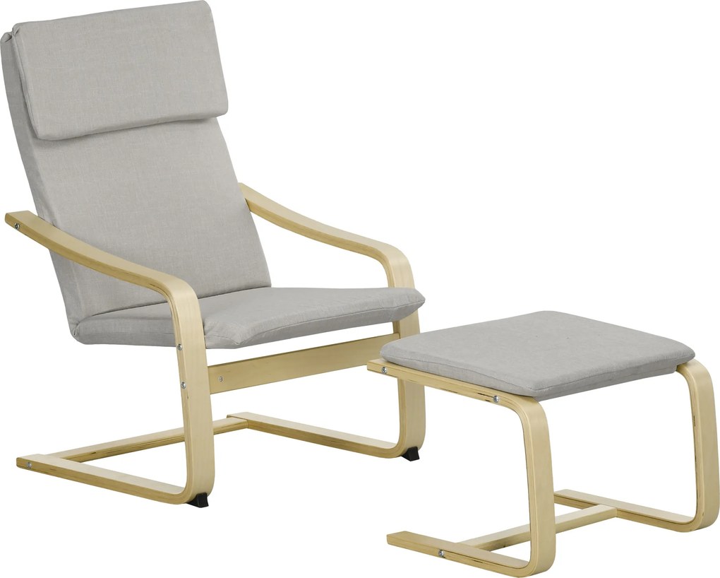HOMCOM Poltrona lounge com apoio, Revestimento com aspecto de linho, Estrutura em madeira, até 120 kg, Cinza claro/Natural | Aosom Portugal