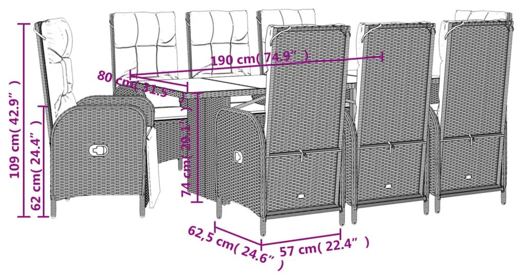 9 pcs conjunto de jantar p/ jardim c/ almofadões vime PE cinza