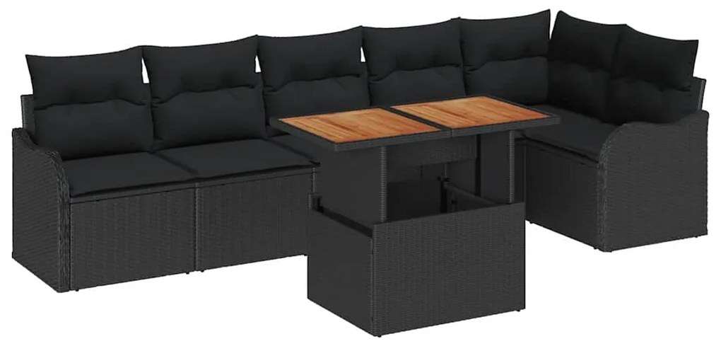 Conjunto de Sofá de Jardim 7 Peças com Almofadas de Rattan Preto e Acá