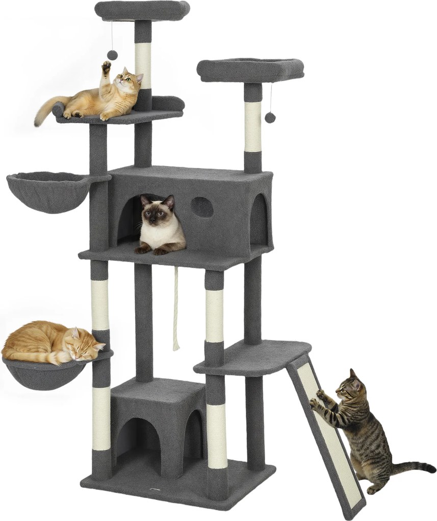 Arranhador para gatos com torre de brincadeiras, arranhador, 3 camas, 2 compartimentos abertos, plataformas e 3 brinquedos suspensos; altura: 174 cm;