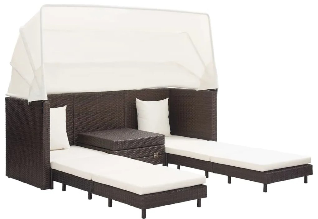 Espreguiçadeira extensível 3 lugares com toldo vime PE castanho