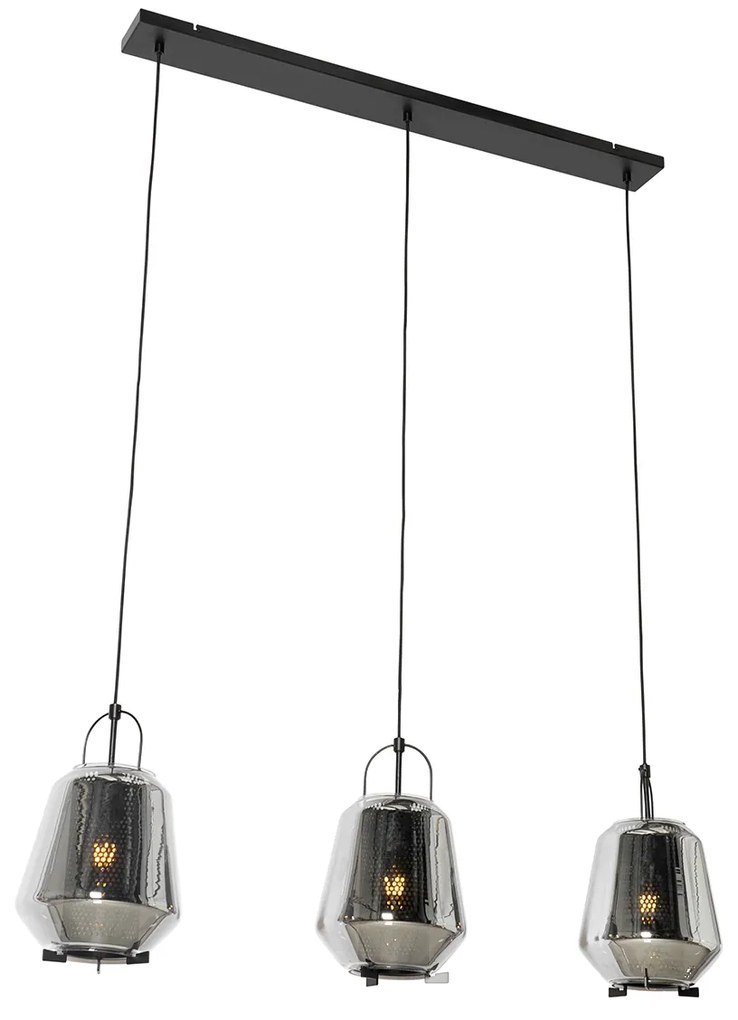 Candeeiro de suspensão preto com vidro fumê 23 cm oblongo 3 luzes - Kevin Art Deco