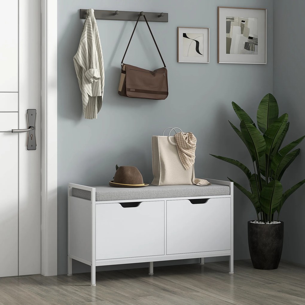 Banco com porta-sapatos, 2 armários, móvel de entrada com almofada estofada, 84 x 35 x 50 cm, branco