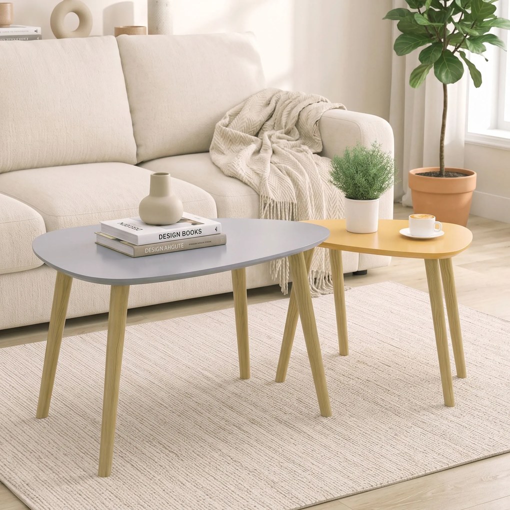 Conjunto de 2 mesas baixas encaixáveis, de design escandinavo, com pés e tampo em madeira, cinzentas e amarelas