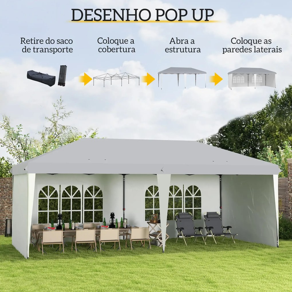 Tenda Dobrável 6x3 m Pop-up com 4 Laterais Desmontáveis Tenda de Jardim com 2 Janelas Visíveis Saco de Transporte Branco