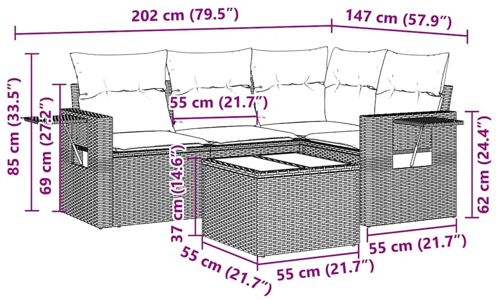 5 pcs conj. sofás jardim c/ almofadões vime PE cinzento-claro