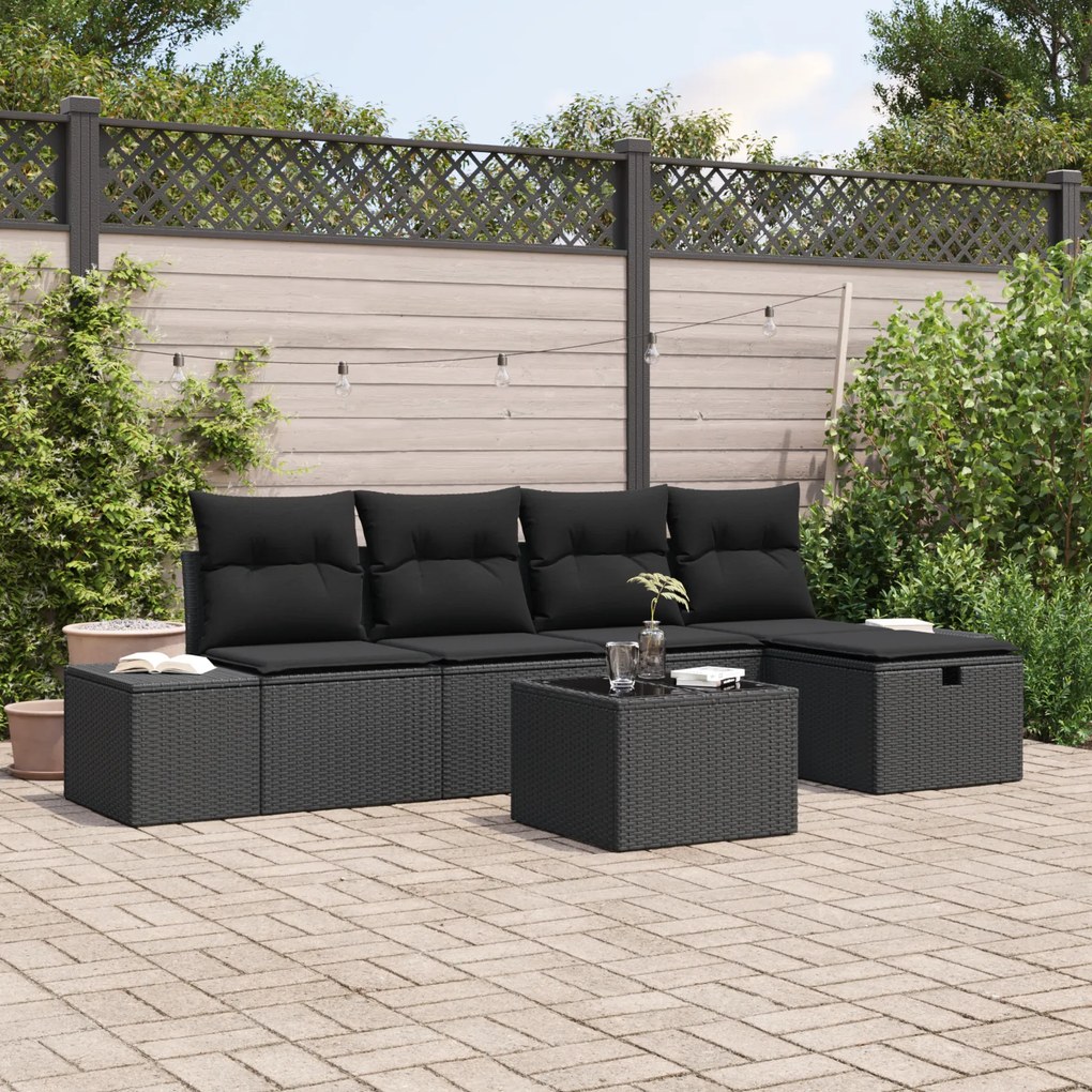 Conjunto de Sofá de Jardim de 6 Peças Com Almofadas Preto Rattan Polié