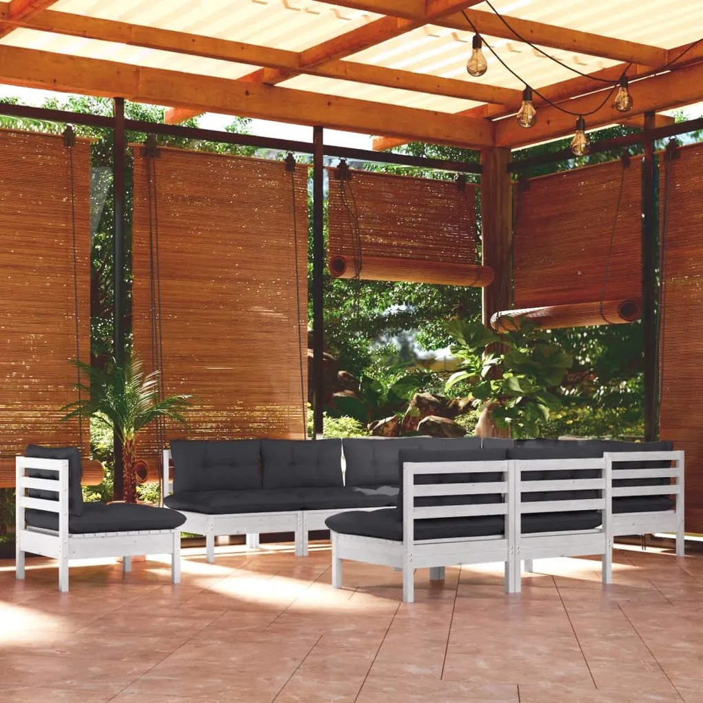 vidaXL 10 pcs conj. lounge de jardim c/ almofadões pinho maciço branco