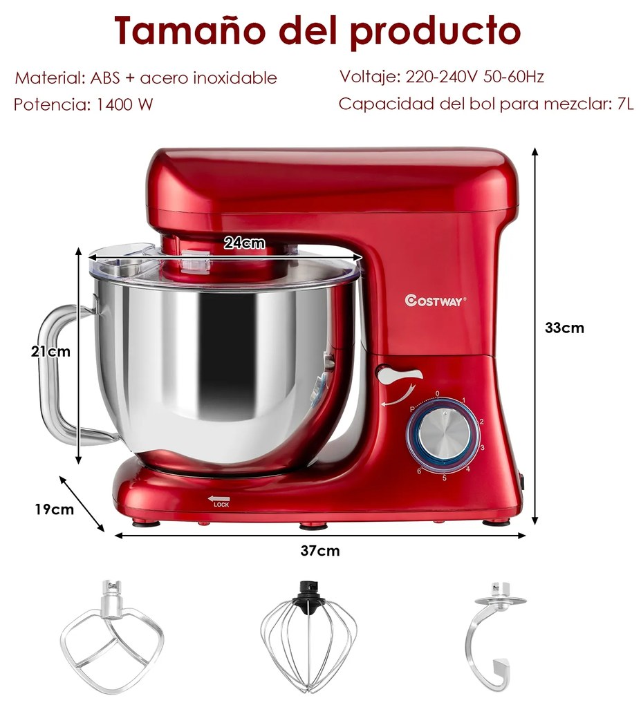 Batedeira Misturador eléctrico com cabeça basculante 6 Velocidades ajustáveis e motor de cobre silencioso 37 x 19 x 33 cm Vermelho