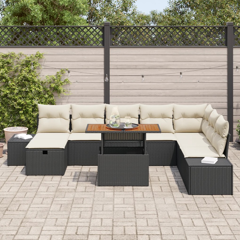 Conjunto de Sofás de Jardim de 9 Peças com Almofadas Preto Vime Poliés