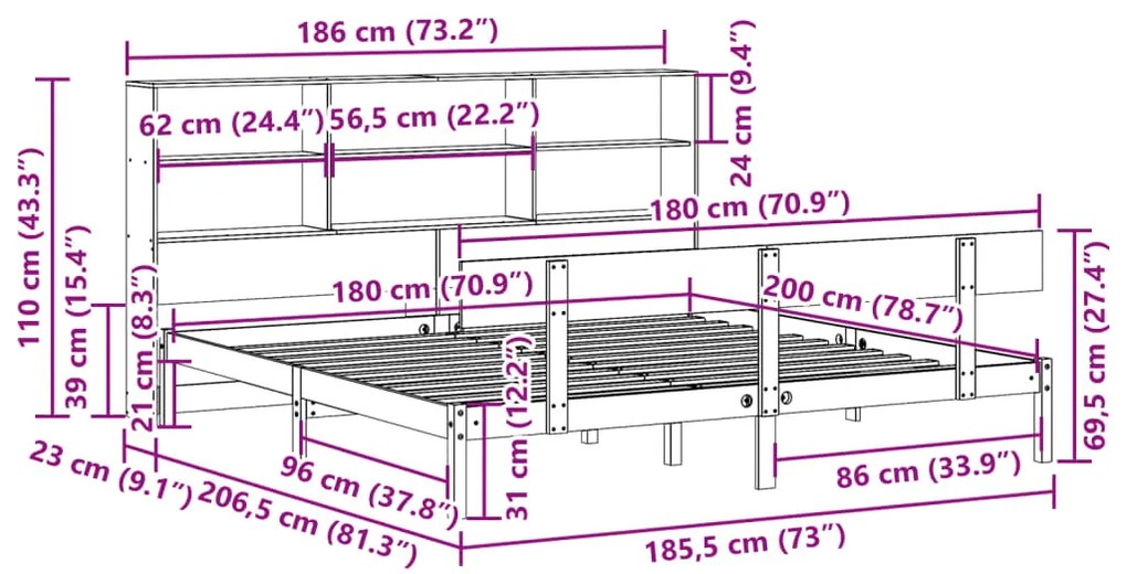 Cama com estante sem colchão 180x200 cm pinho maciço branco