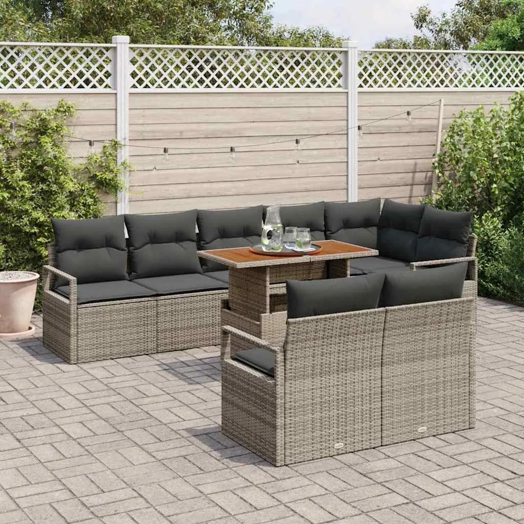 Conjunto de Sofá de Jardim com 9 Peças e Almofadas Cinzas em Rattan Si