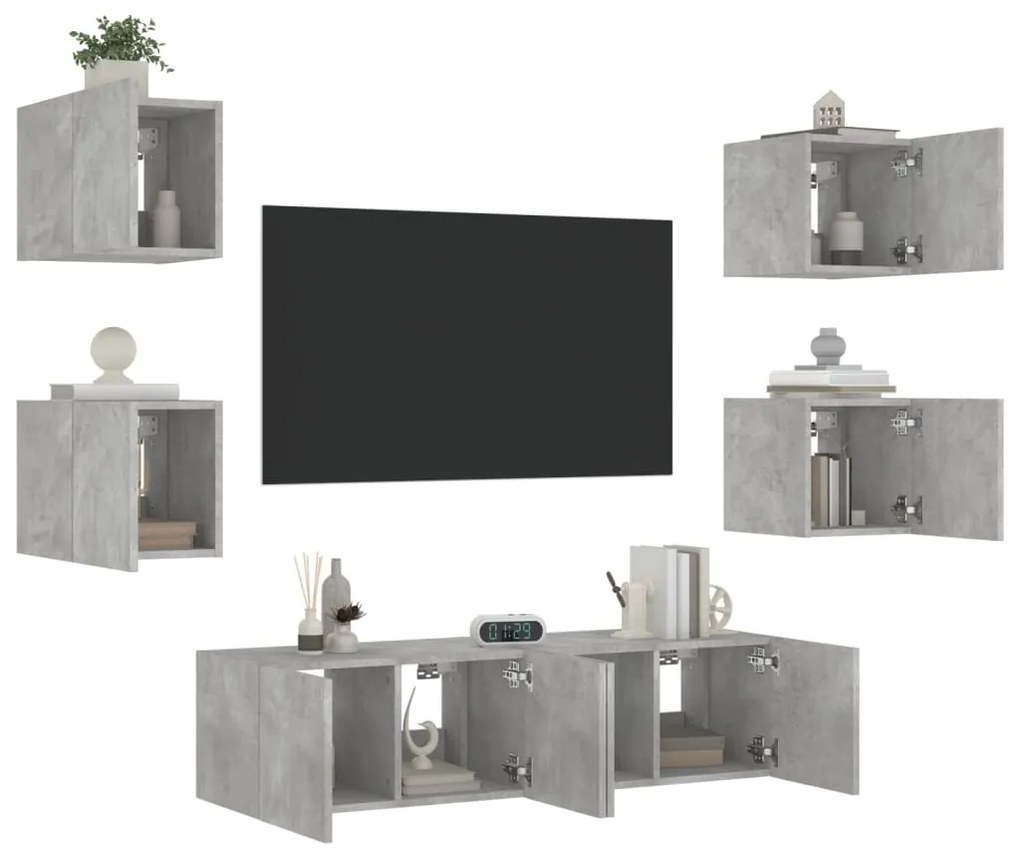 vidaXL 6 pcs móveis parede p/ TV c/ LEDs deriv. madeira cinza cimento