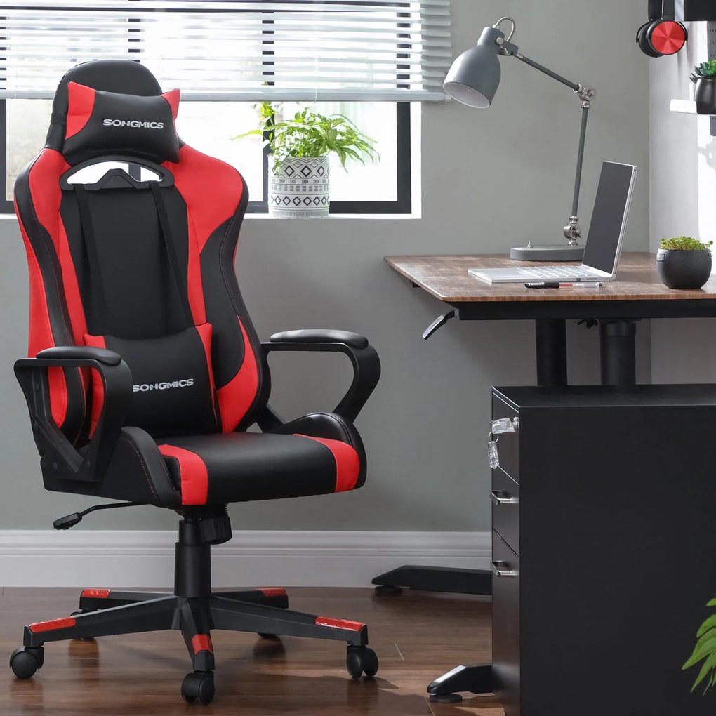 Cadeira Gaming ergonómica Estrutura de aço, regulável em altura, função de balanço preto-vermelho