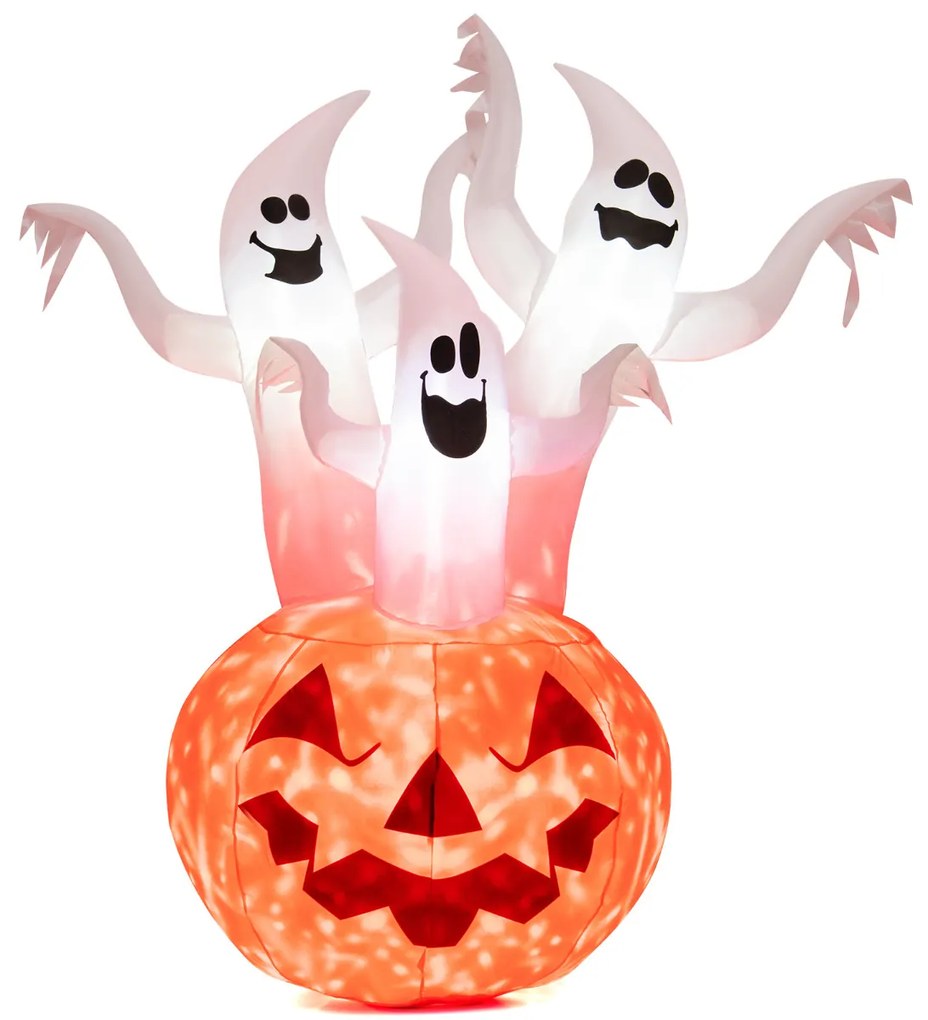 Três Fantasmas Insufláveis de Halloween com Abóbora Decoração de Abóbora Insuflável com Luzes LED Integradas e Lâmpada Giratória