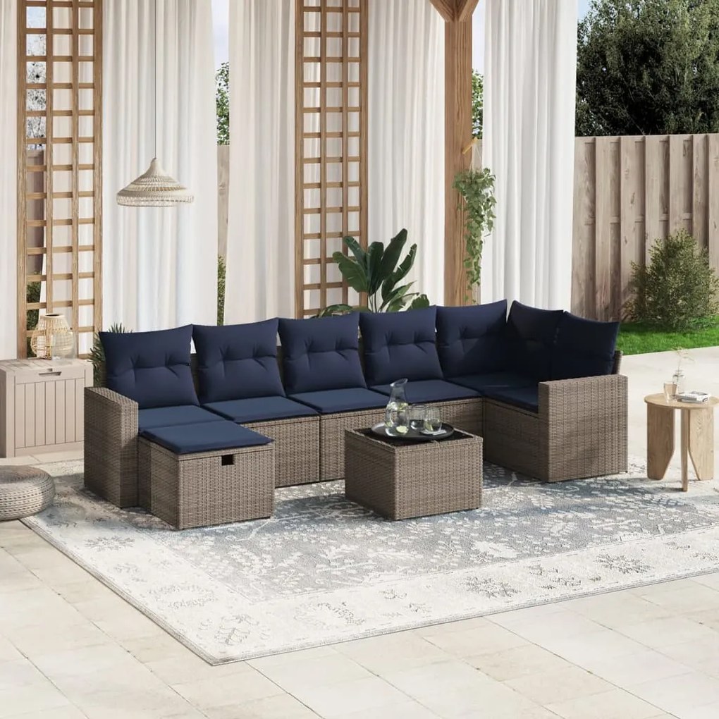 vidaXL 8 pcs conjunto sofás p/ jardim c/ almofadões vime PE cinzento