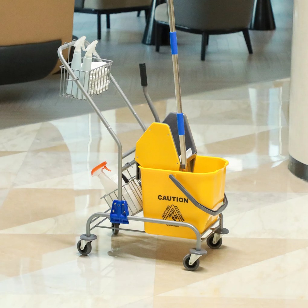 Carrinho de limpeza profissional, espremedor de mangas, balde de 26 L + cesto de arrumação amarelo