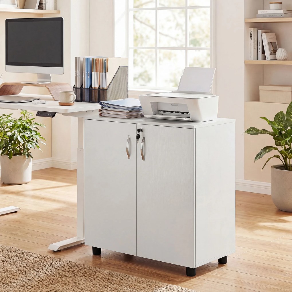 Armário de escritório metal de 2 níveis 80 x 40 x 80 cm, móvel de arrumação para escritório com 2 portas, fechaduras e chaves, branco