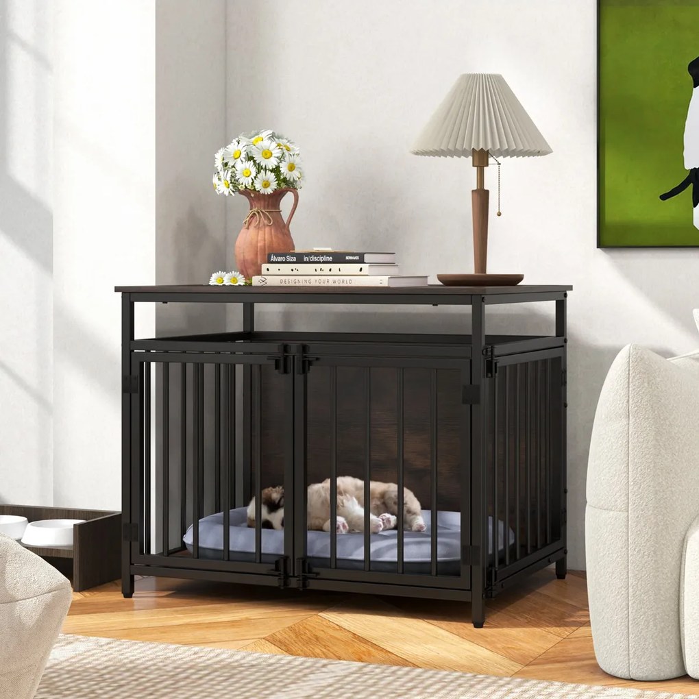 Gaiola para cães 80 x 60 x 64 cm estilo móvel resistente a mordidas com 3 portas e parte superior oca para interior estilo rústico café