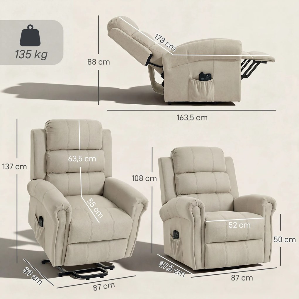 Poltrona elevatória elétrica, poltrona relaxante elétrica com função de massagem e aquecimento, 87 x 87,5 x 108 cm, bege