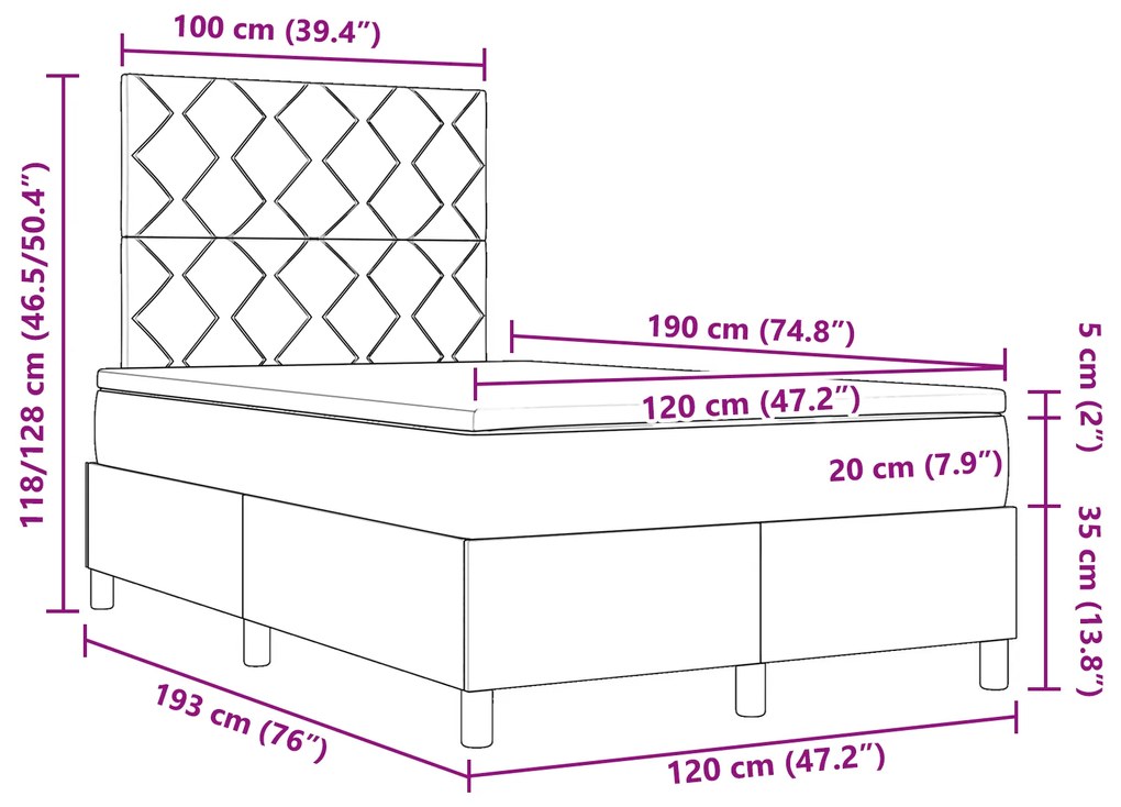 Cama Box Spring com Colchão e LED Preto 120x190 cm Tecido