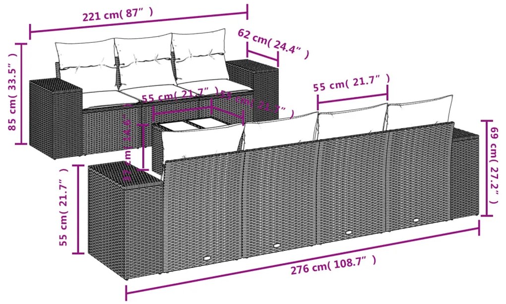 8 pcs conjunto sofás de jardim c/ almofadões vime PE castanho