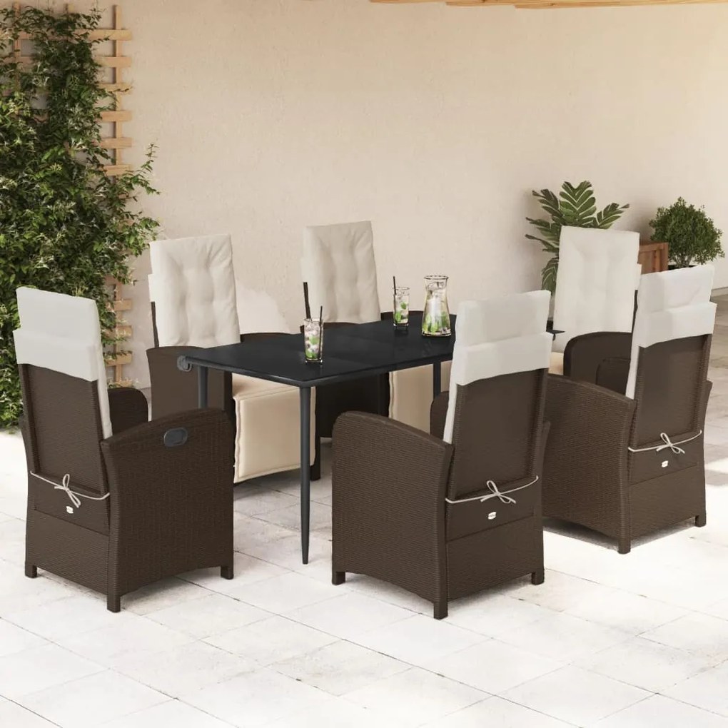 7 pcs conjunto jantar p/ jardim c/ almofadões vime PE castanho
