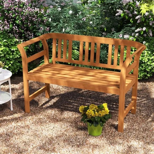 Banco jardim exterior em madeira de acácia para 2 pessoas com encosto e braços rayados, capacidade para 360 kg, para alpendre, pátio, relvado ou pisci