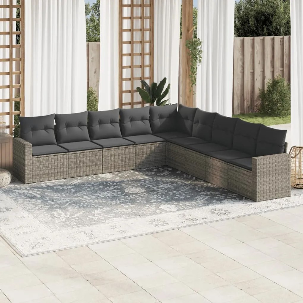 9 pcs conjunto sofás p/ jardim com almofadões vime PE cinzento