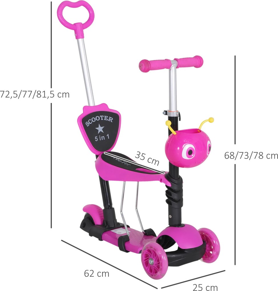 Trotinete 5 em 1 para Crianças com 3 Rodas Assento Removível e Guiador Ajustável Carga Máxima 50 kg 62x25x72,5 cm Rosa