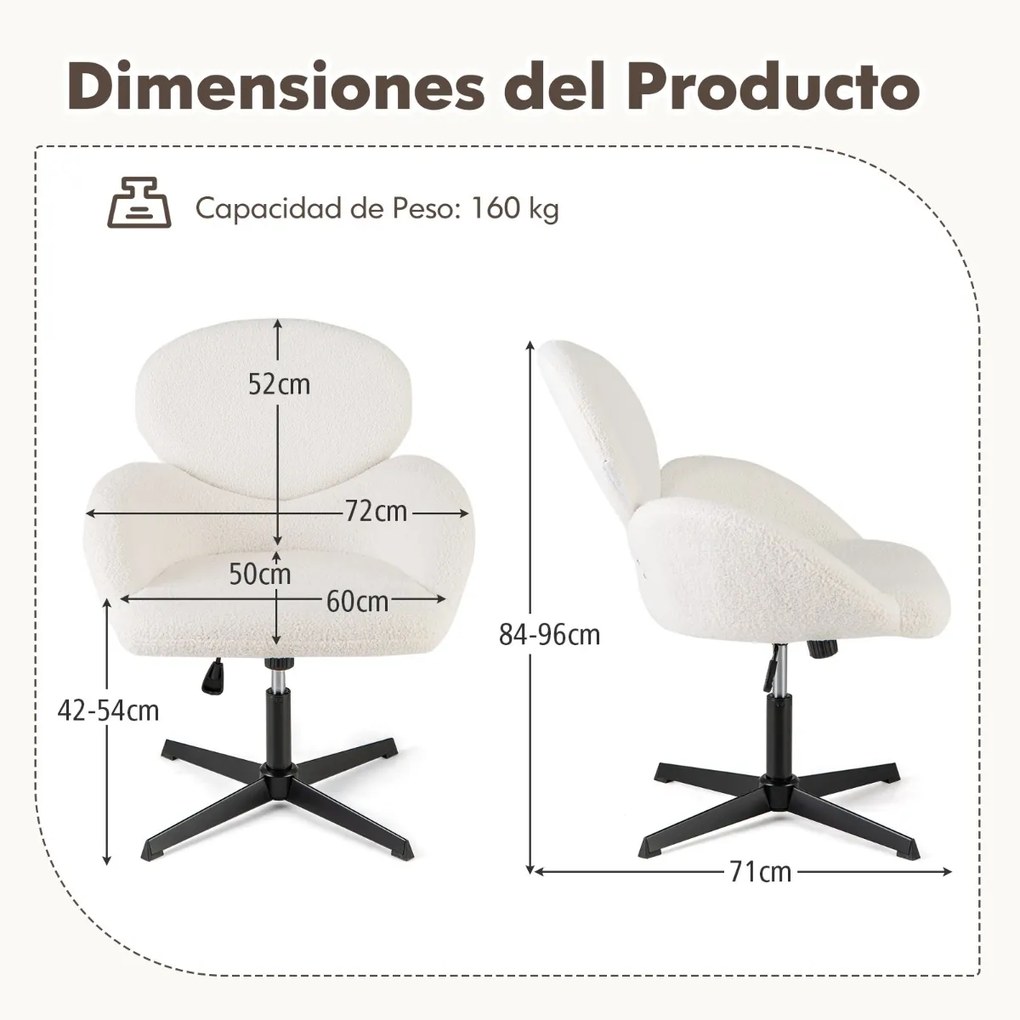 Cadeira giratória escritório, toucador com pernas cruzadas Altura ajustável e função giratória Base metálica robusta 72 x 71 x 84-96 cm Branco