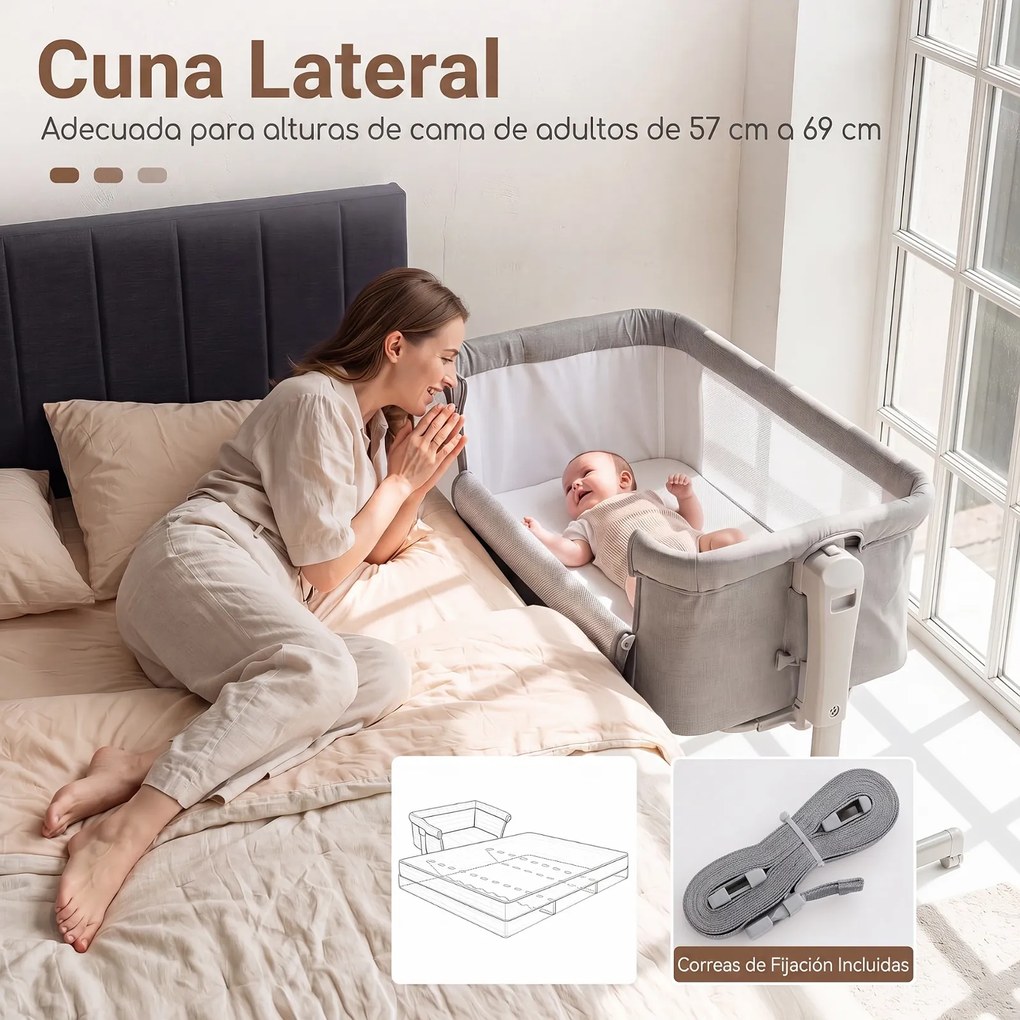 Berço para Bebés 3 em 1, 102 x 66,5 x 89 cm, Altura Ajustável em 6 Níveis, Cinzento