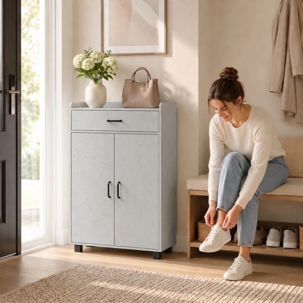 Sapateira, Móvel para Sapatos com 2 Portas, 62,5 x 35 x 95 cm, Prateleiras Reguláveis, Cinzento