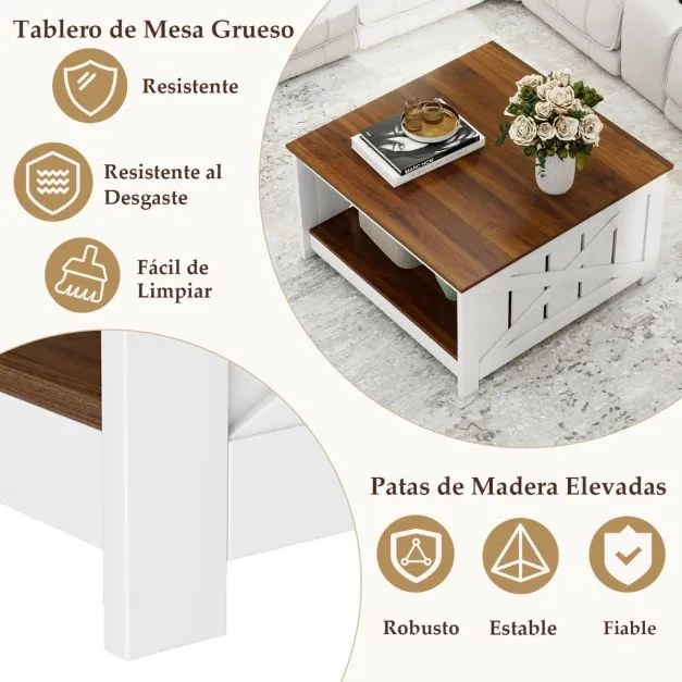 Mesa de centro de 2 níveis com prateleira de armazenamento aberta quadrada para cocktails estilo 78 x 78 x 44 cm Branca e castanha
