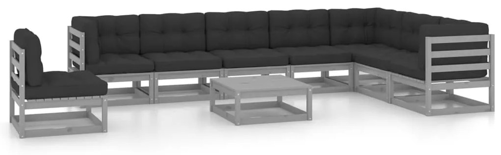 9 pcs conjunto lounge de jardim + almofadões pinho maciço cinza