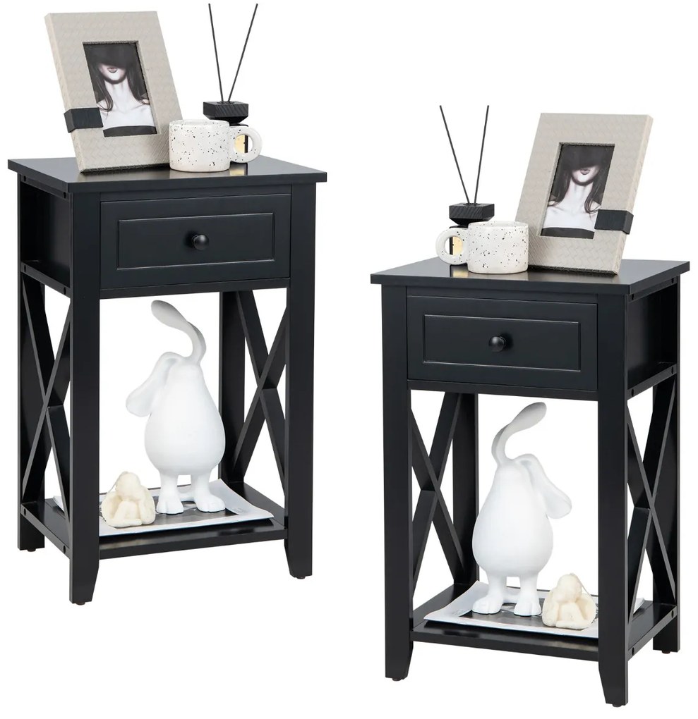 2 x Mesas de Cabeceira Design Moderno X Mesa Lateral Versátil para Sala Quarto 40 x 30 x 61,5 cm Preto