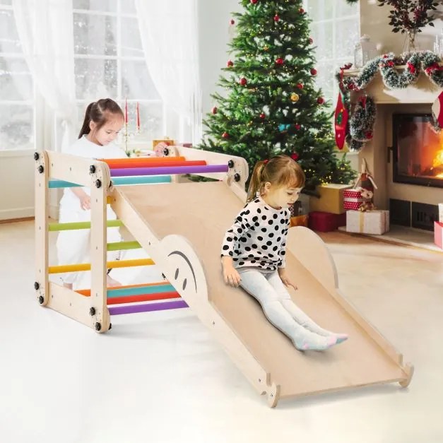 Conjunto de Escalada Montessori para crianças de Madeira Dobrável com Rampa Ajustável Baloiço de Escalada Reversível para Crianças Multicolorido