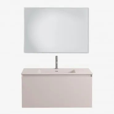 Conjunto De Móvel De Casa De Banho Suspenso Em Madeira Com Lavatório Integrado Macrae Crema Linho & Led Retangular E Anti-embaciamento 100x70 Cm Riben