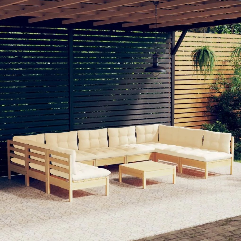 vidaXL 10 pcs conjunto lounge jardim c/ almofadões creme pinho maciço