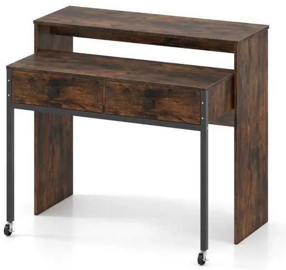 Secretária extensível, mesa pequena para computador com 2 gavetas e rodas100 x 63 x 88 cm Castanho