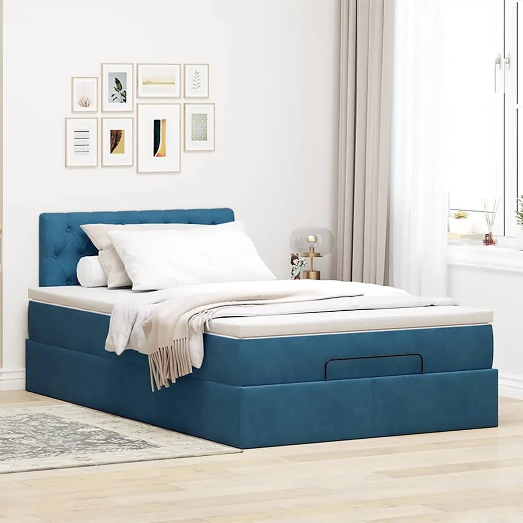 Cama otomana com colchão 120x190 cm veludo azul-escuro